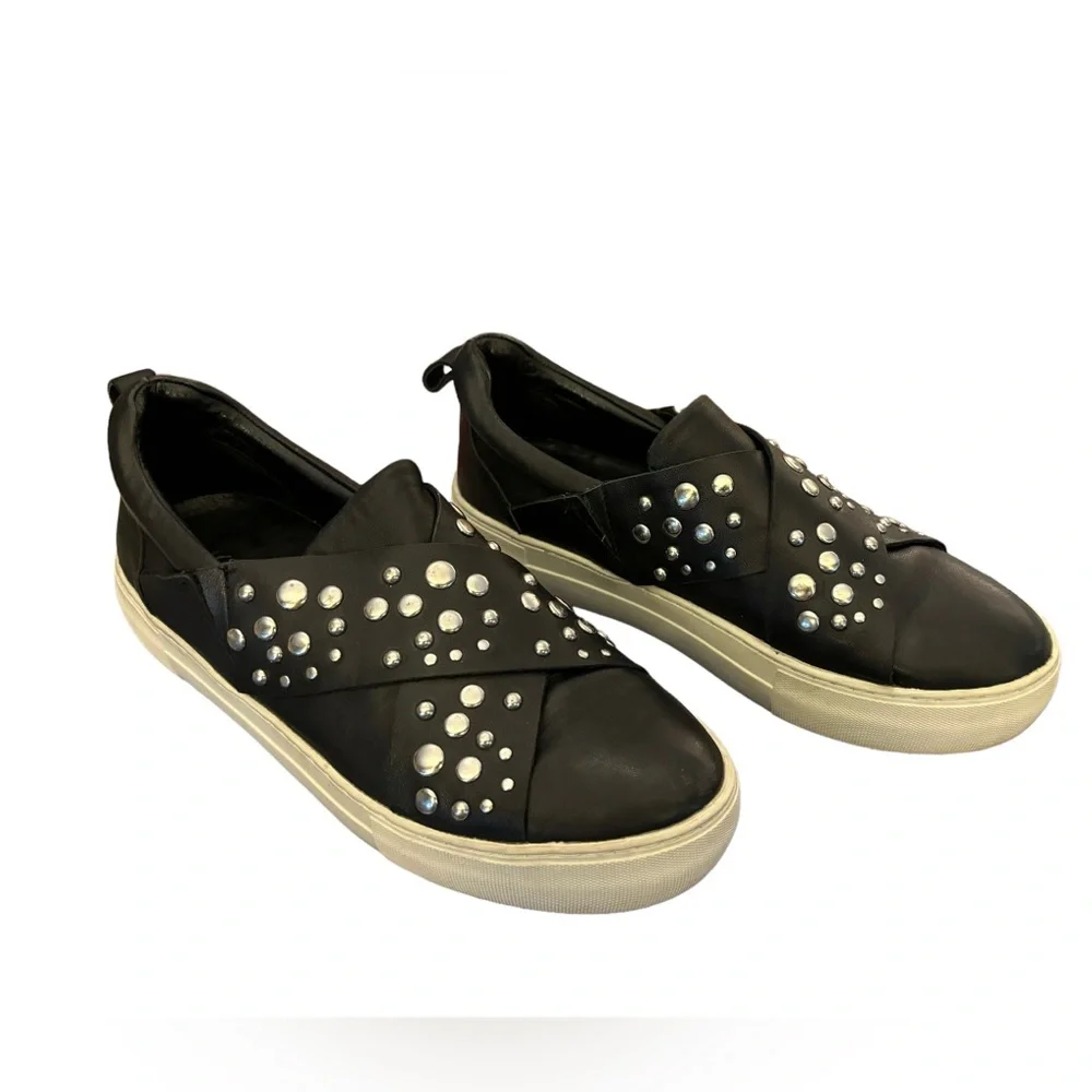 J/Slides Women’s Black Leather Studded Slip On Sneakers Size 8.5